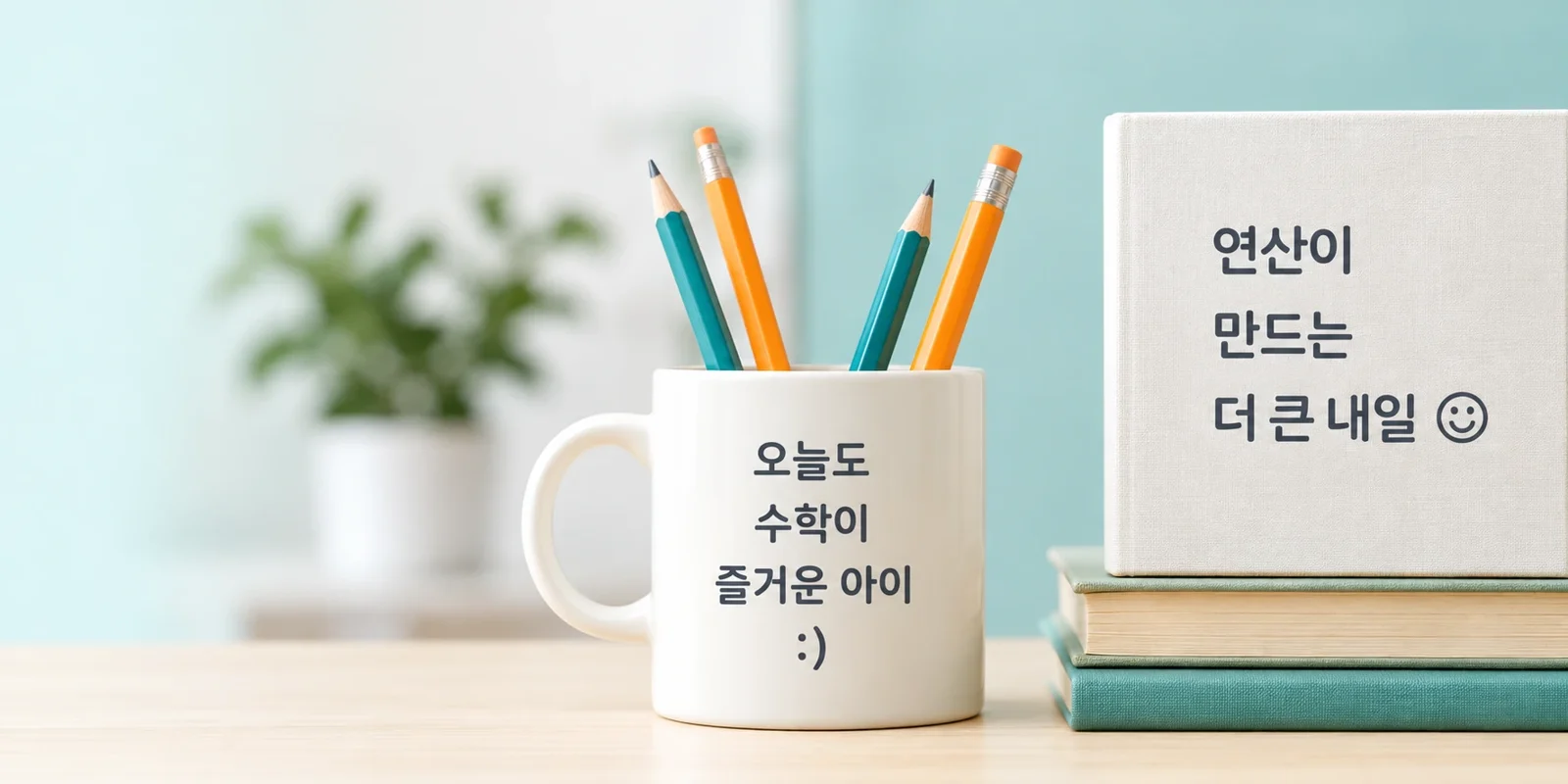 연필이 꽂힌 머그컵과 '연산이 만드는 더 큰 내일' 메모