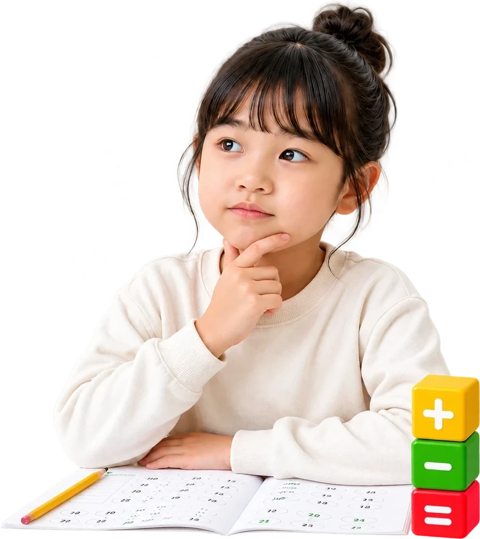 연산 교재를 펴 두고 턱을 괴고 고민하는 아이